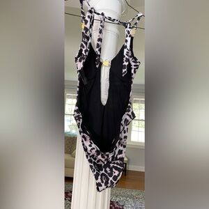 Brazilian women’s animal print metalic gold accents one piece swimsuit high tie